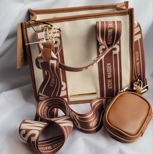 Steve Madden Bwebber Canvas Bag Brown Cream Tote Satchel